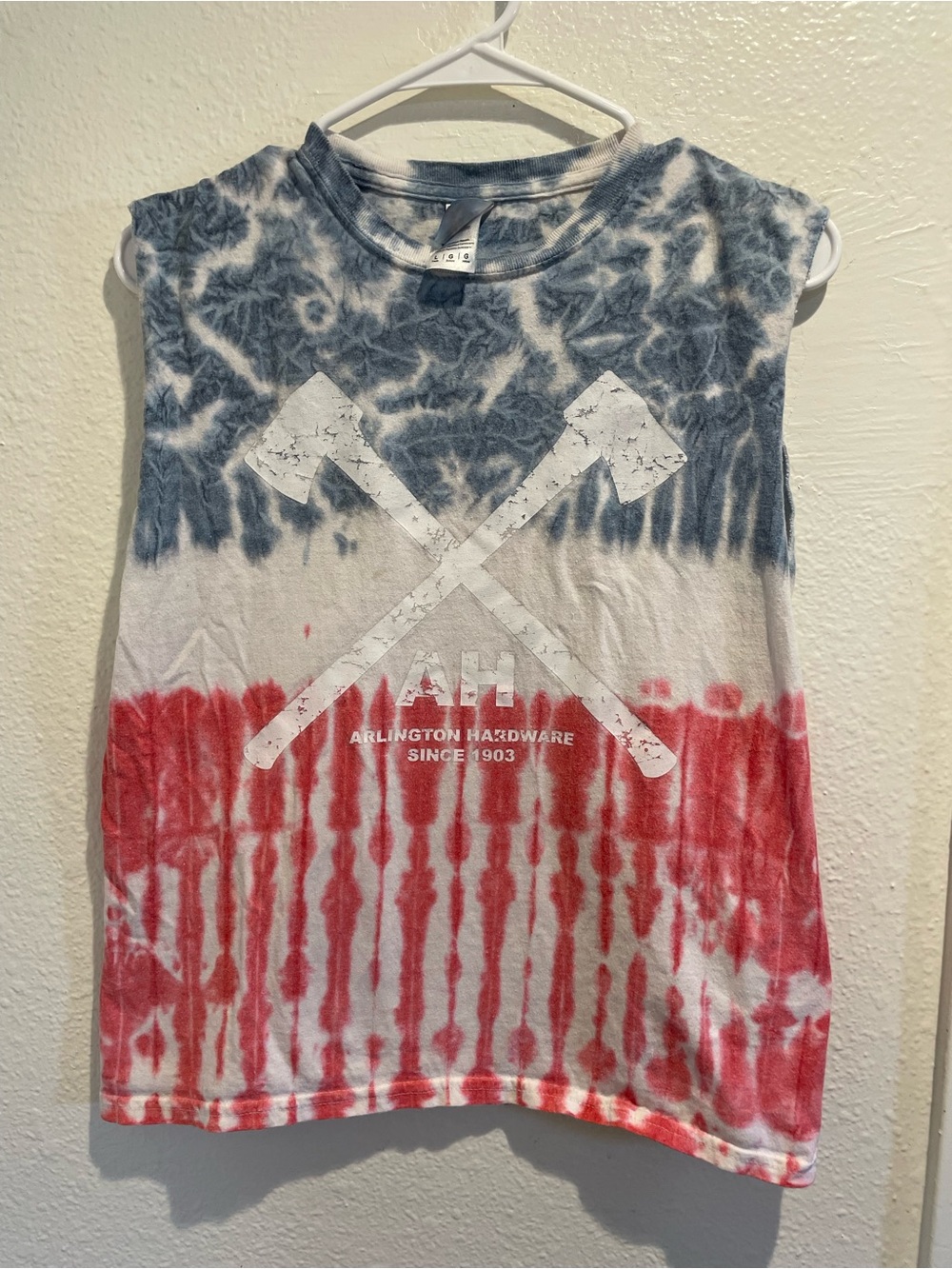 🇺🇸 Vtg Arlington Hardware 4th of July Tie Dye Tank Muscle Tee 🪓 Youth L / Kids